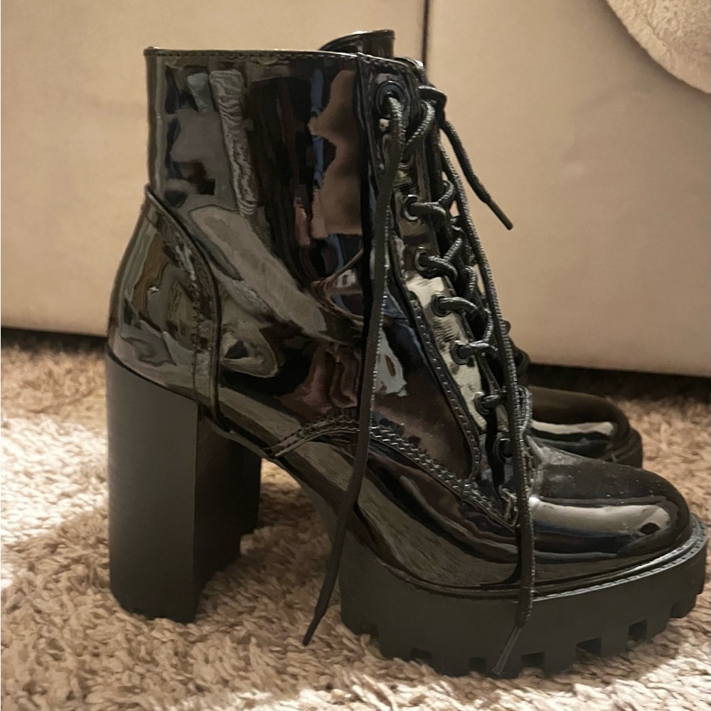 Black Patent Leather Lace-Up Ankle Boots